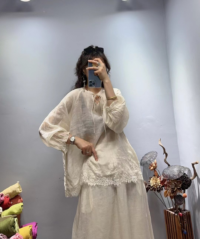 2553 Literary Ramie Long-Sleeved Shirt 25 Xia Xin Pure Color Round Neck Lace Splicing Shirt 130 70