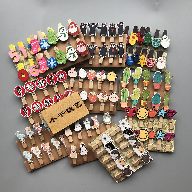 Colorful small wooden clip with hemp rope net red cute cartoon Polaroid photo clip kindergarten postcard message clip