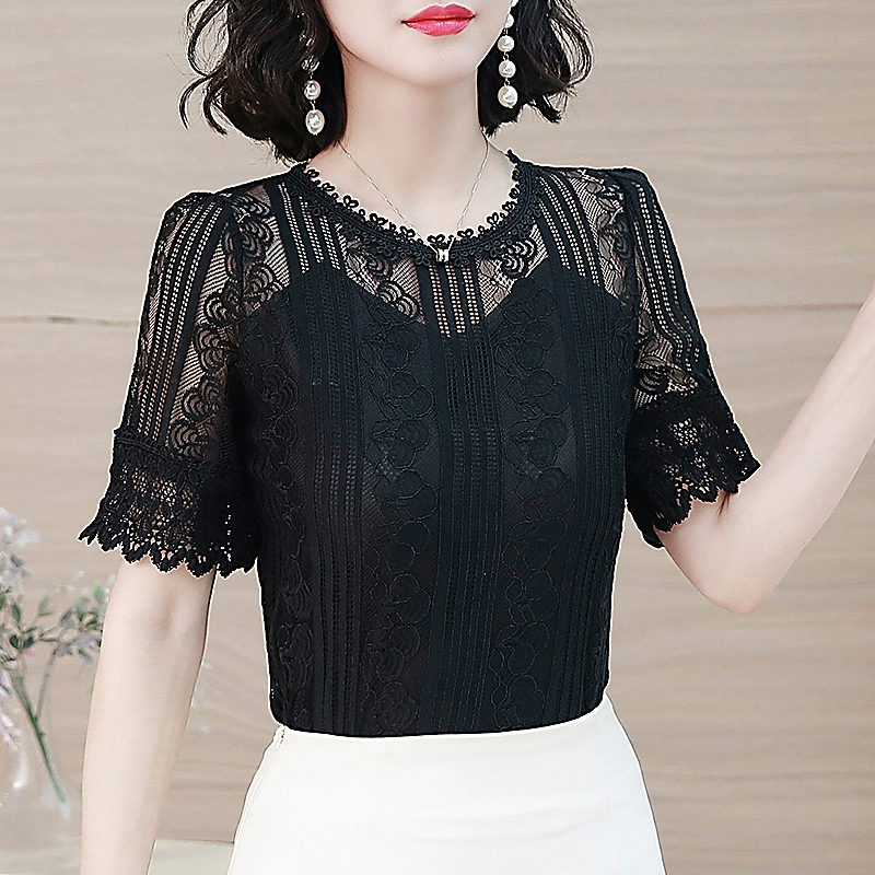 Áo ren phụ nữ mùa hè năm 2021 thiết kế cảm giác phong cách nước ngoài áo sơ mi nữ đáy rộng cỡ lớn áo ngắn tay rỗng cổ tròn áo sơ mi voan - Áo sơ mi chiffon ren