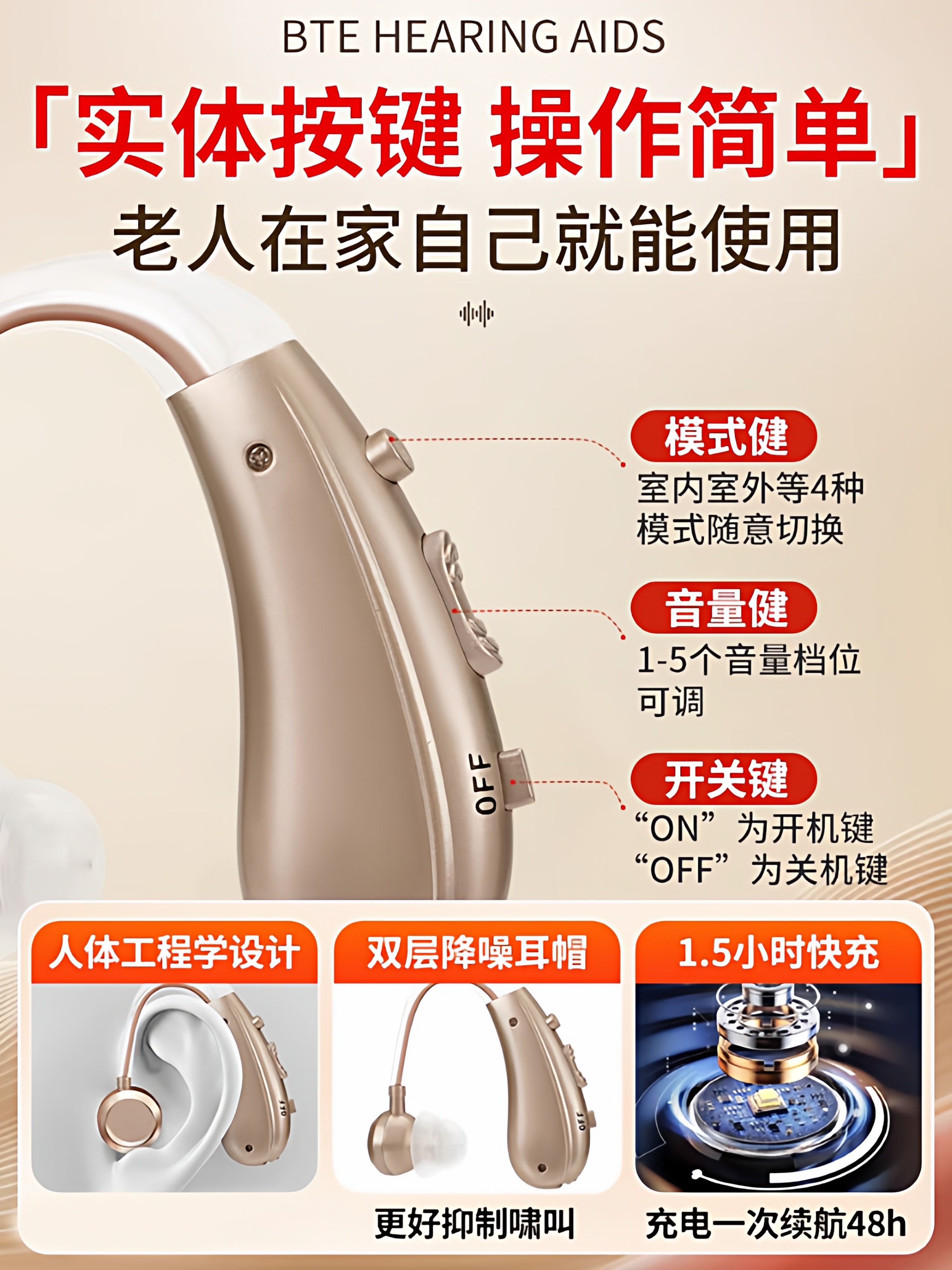Bone Conduction Hearing Aid Headphones for the Elderly, Genuine Product for the Deaf, Behind-The-Ear Rechargeable Wireless Invisible Device for Seniors