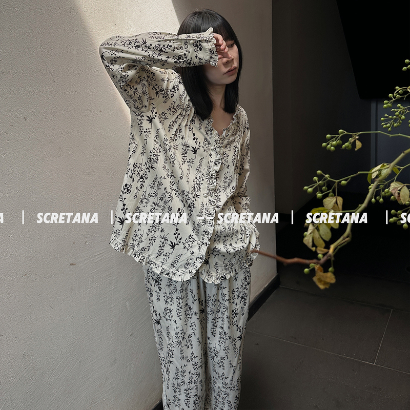 Anna's Secret Tea and Juniper Pure Cotton Pajamas Retro Old Money Style French Comfortable Long Sleeve Long Pants Loungewear