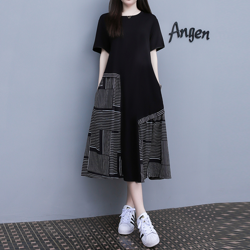 Discount counters withdrawaband cutting standard clearance summer new loose short-sleeved long section stitching colored casual dress tide (20509:6145171:size:2XL;1627207:28341:Color classification:black)