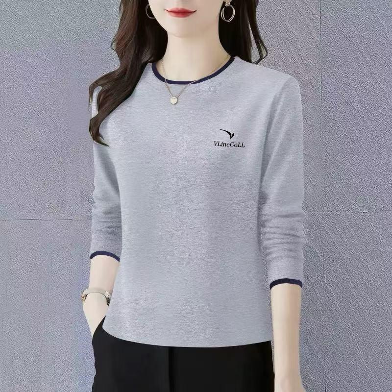 Pure Cotton Round Neck Women's Autumn Long-Sleeve T-Shirt, Korean Style Loose Casual Pullover Base Shirt for Women in Spring and Autumn