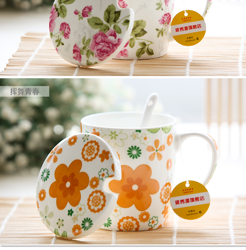 Ceramic cup with cover spoon, lovely female cup home beautiful tangshan Ceramic cup keller ipads porcelain cup ultra - thin