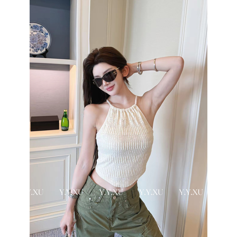 Xu Yuanyuan【Flowing Sands Coast】Korean-Style Halter Neck Sleeveless Slim-Fit Sexy Fashionable Tank Top for Women Summer # D1272