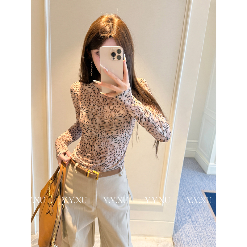 Xu Yuanyuan【Beautiful Leopard Print】Korean-Style Design Fashionable Sun-Protective Leopard Print Slimming Long-Sleeve T-Shirt Top # D1240 Xu Yuanyuan【Beautiful Leopard Print】Korean-Style Design Fashionable Sun-Protective Leopard Print Slimming Long-Sleeve T-Shirt Top # D1240