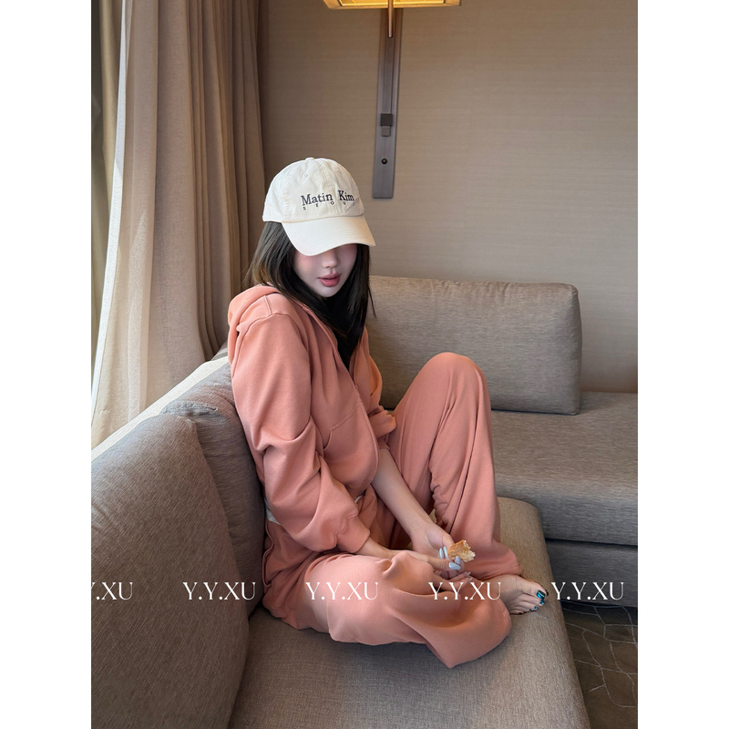 Xu Yuanyuan [Orange Pink] Casual Suit for Women Autumn Korean Style Hooded Sweatshirt Drawstring Sweatpants Two-Piece Set Tz0684