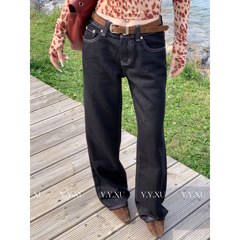 Xu Yuanyuan【Fashionable Attack】Dark Straight-Leg Jeans for Women, Autumn Drapey Wide-Leg Pants (with Belt) 0202