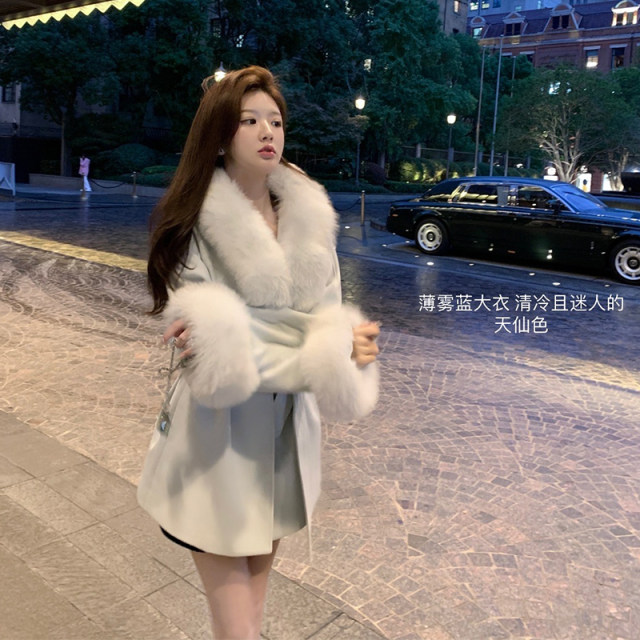 「少量现货」韩雨嘉毛呢外套女千金高级感毛领中长款收腰呢子大衣