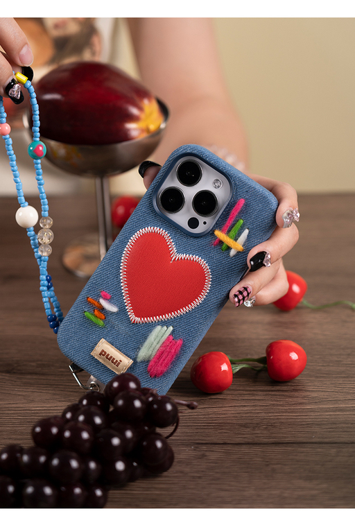 Puui Girls Denim Stitched Heart Chic Stylish With Wrist Lanyard Strap 14, 13, 12 iPhone Case