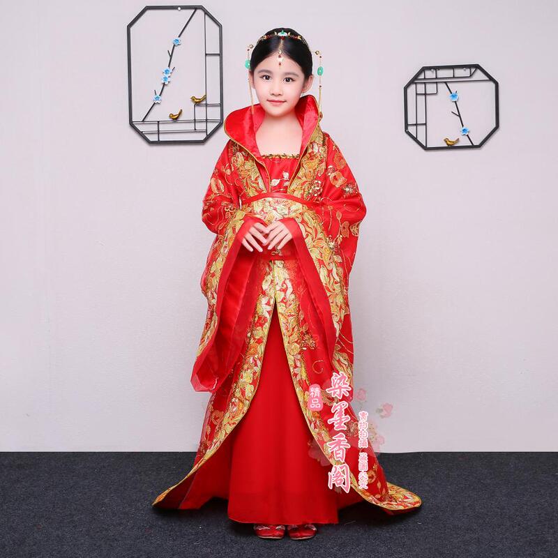 Children's Ancient Costume Female Tang Dynasty Noble Concubine Queen Palace Red Trailing Embroidered Princess Ancient Hanfu Stage Performance Costume