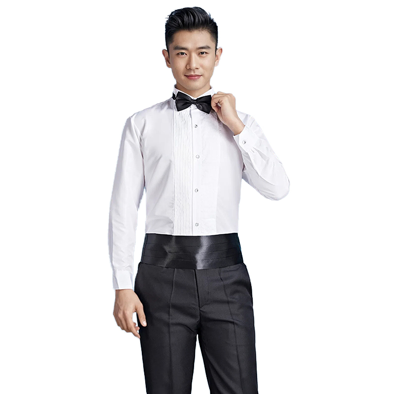 White Performance Shirt with Pleated Swallowtail Collar, Men's Stage Performance Choir Slim-Fit Youth Art Exam Clothing