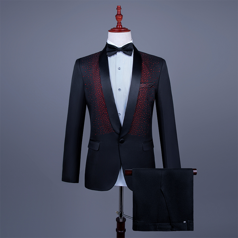 Performance Clothing Men's Suit Set with Rhinestones, Slim Fit Stage Singer Performance Exam Green Fruit Collar Choir Dress