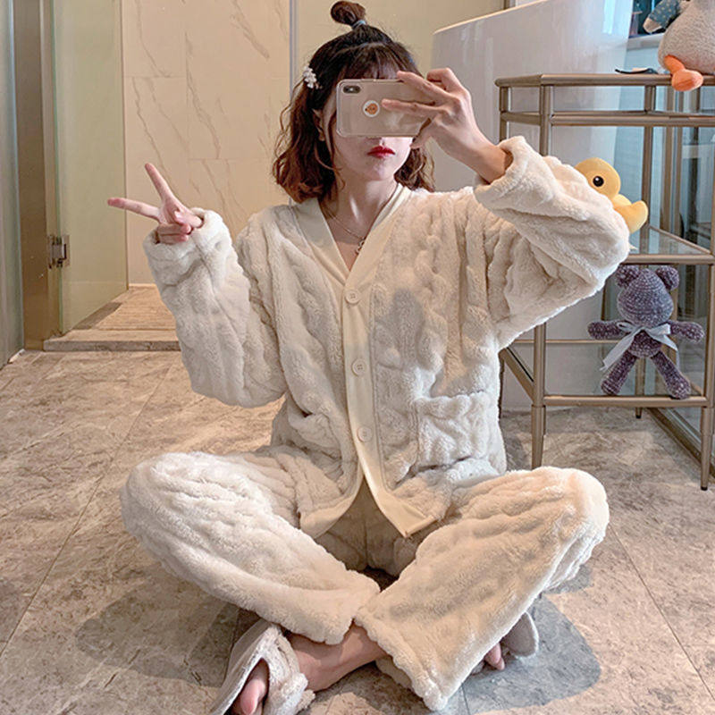 Coral Suede Pajamas Woman Autumn Winter Thickened Flannel Velvet Plus Suede 2020 New Cute Champagne Spring Home Suit Suit