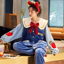 Flannel Sleepwear Women Winter Students Cute Cartoon Coral Suede Autumn Winter Thickened Warm Ladys Home Suit Suit