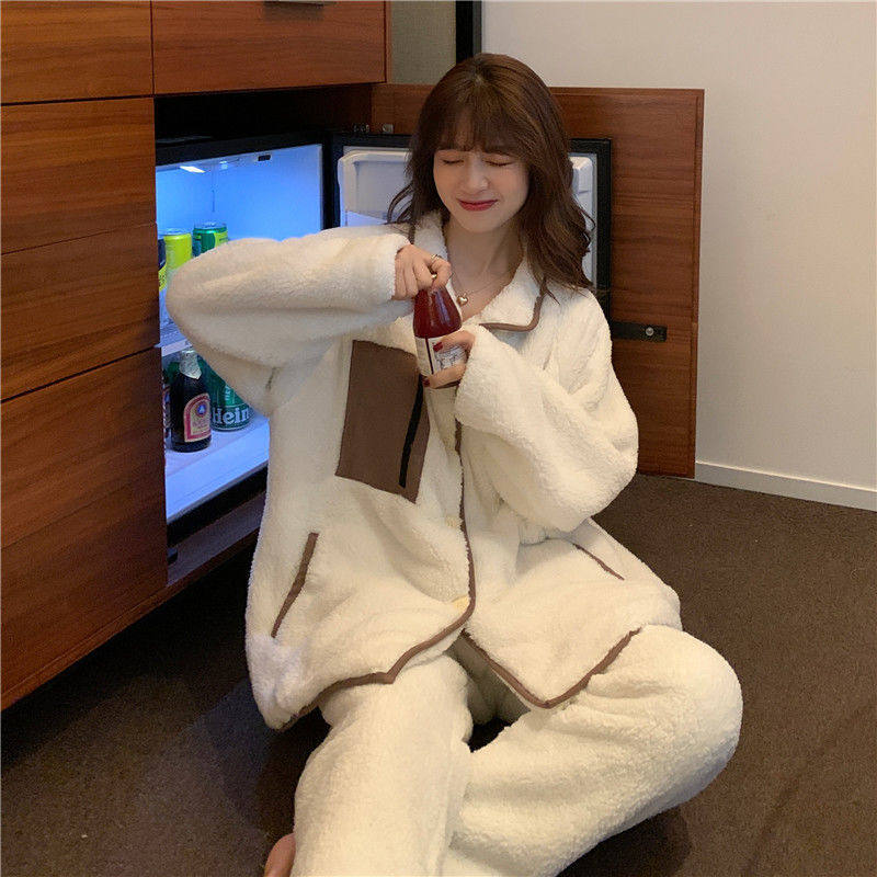 Autumn and winter thickened woolen suede pajamas suit women's sweaters pyjamas outside wearing loose and warm home to serve two sets