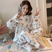 ins deer coral suede pyjamas woman autumn winter Korean version cute long sleeves thickened flannel two suit home clothes