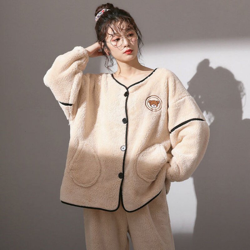 Coral Suede Flannel Velvet Pyjamas Woman Autumn Winter Cute Thickened Garnter New Exterior Wear home Two-style suit