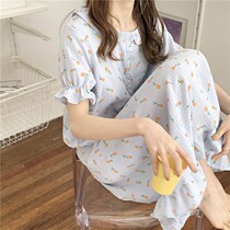 Korean version pyjamas skirt female summer student sleepwear short sleeve pure cotton cotton cloth long with knee-ins princess net infrared wearing