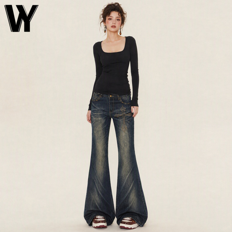 Veya Home Washed Distressed Cross Rhinestone Flared Jeans for Women Low Waist Design Floor-Length Bell Bottom Pants