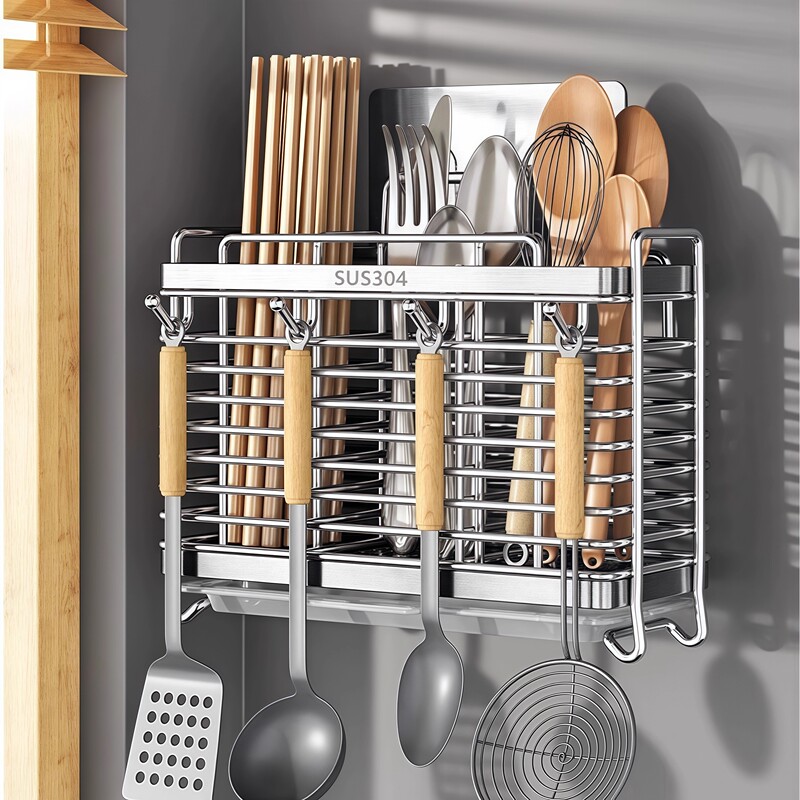 304 Stainless Steel Chopstick Holder Wall-Mounted No-Drill Chopstick Cage Storage Box Chopstick Rack Basket Ventilated and Water-Draining