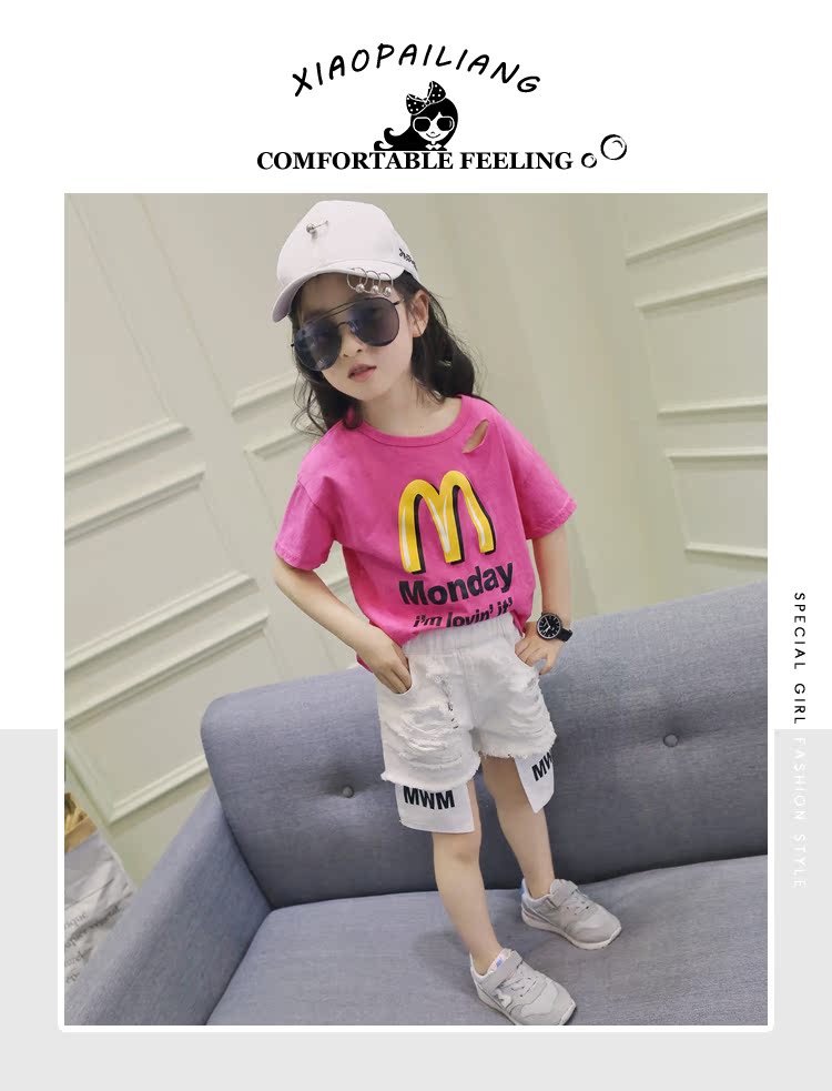 Quần áo trẻ em lỗ t-shirt cô gái lỏng ngắn tay trẻ em in màu rắn trẻ em lớn của áo sơ mi Hàn Quốc 2018 mùa hè phong cách mới