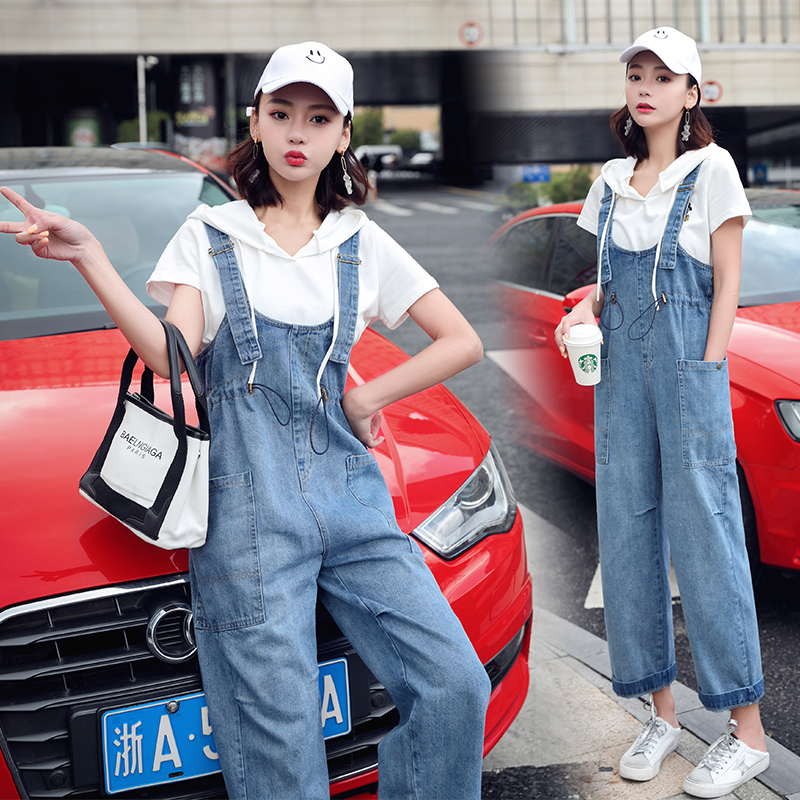 2020 spring and summer new style Hyun Ya wind denim baby bag pants female Korean version loose fashion Western style age-reducing wide-leg pants suit