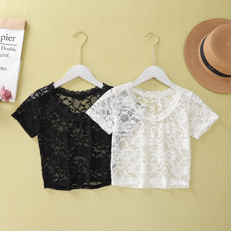 Half-Sleeve Mesh Undershirt for Women, Lace Top, Short Versatile Inner Wear, Round Neck Blouse, Gauze Shirt for Summer
