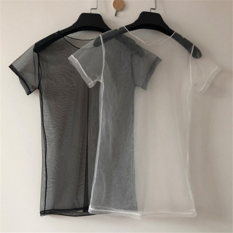 New Korean Style Short-Sleeved Bottoming Shirt, Fully Transparent Mesh, Ultra-Thin and Ultra-Transparent Mesh Shirt, Round Neck Women's Inner Wear and Outer Wear Top