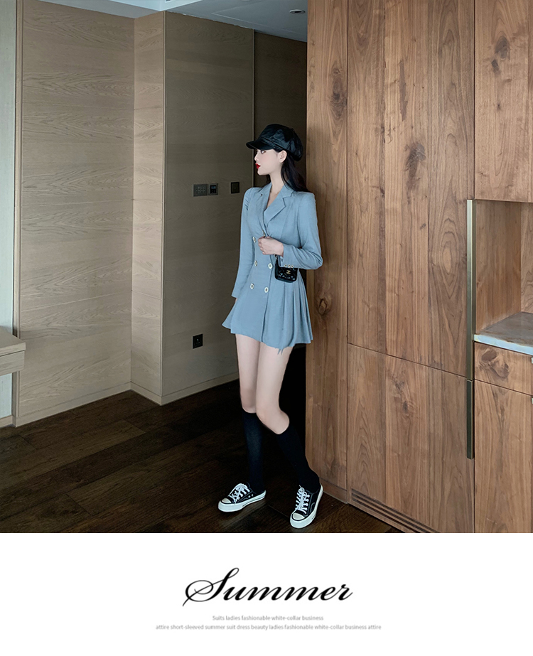 VK旗艦店 韓系小西裝百褶收腰顯瘦雙排釦長袖洋裝