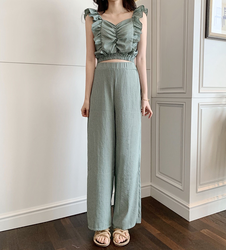 VK旗艦店 韓系果綠檸檬黃俏皮花瓣套裝無袖褲裝