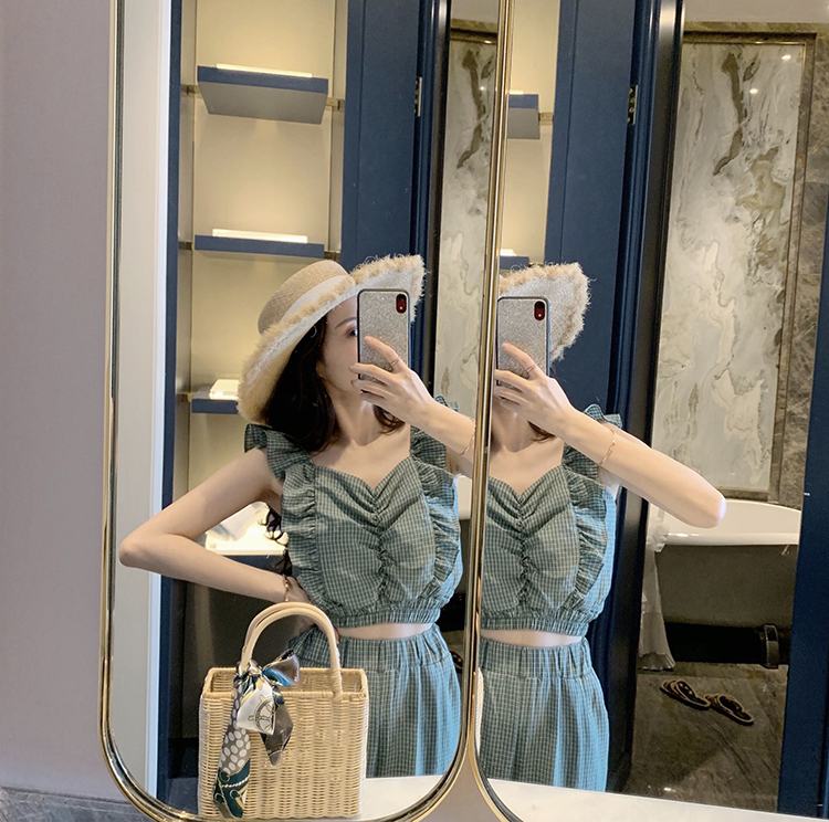 VK旗艦店 韓系果綠檸檬黃俏皮花瓣套裝無袖褲裝