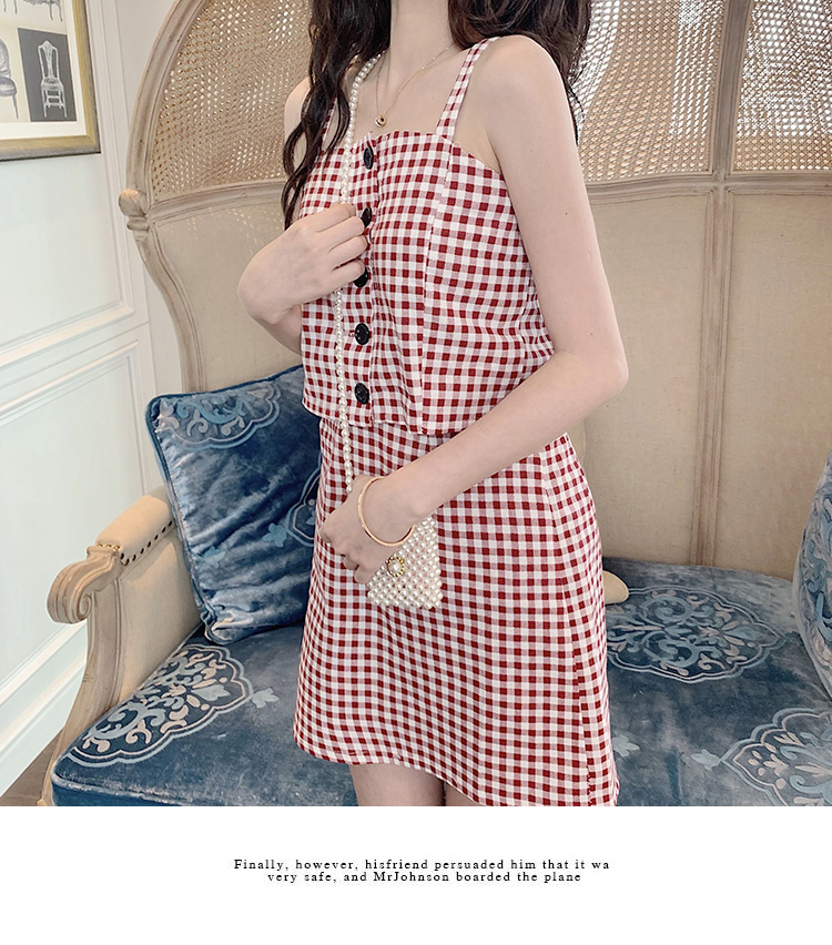 VK旗艦店 韓系復古小清新吊帶格紋套裝無袖裙裝