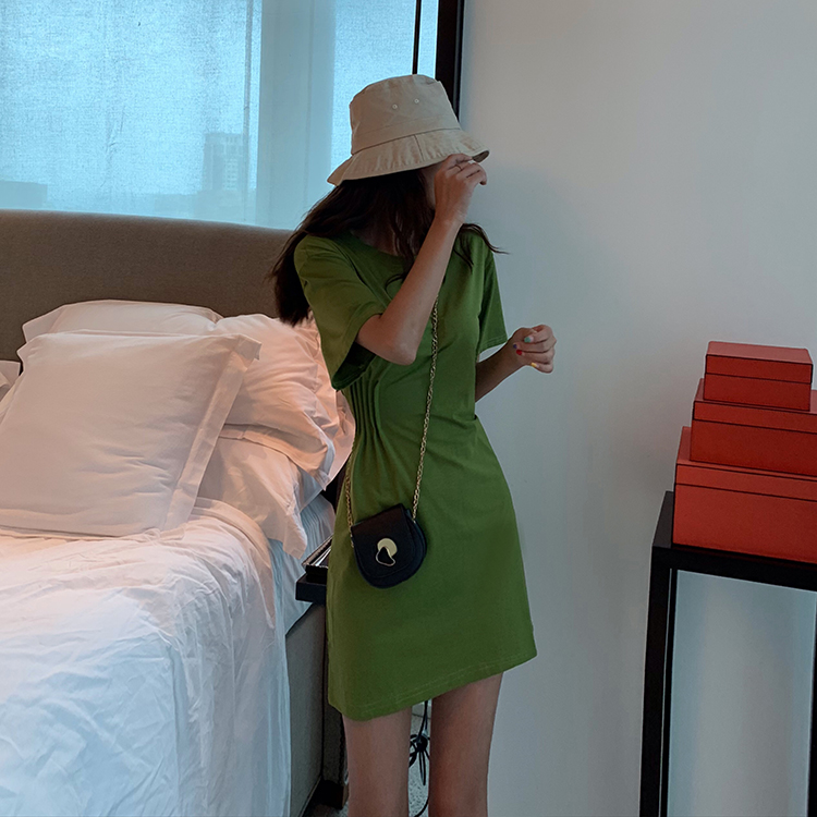 VK旗艦店 韓國風時尚設計感收腰抹茶短袖洋裝