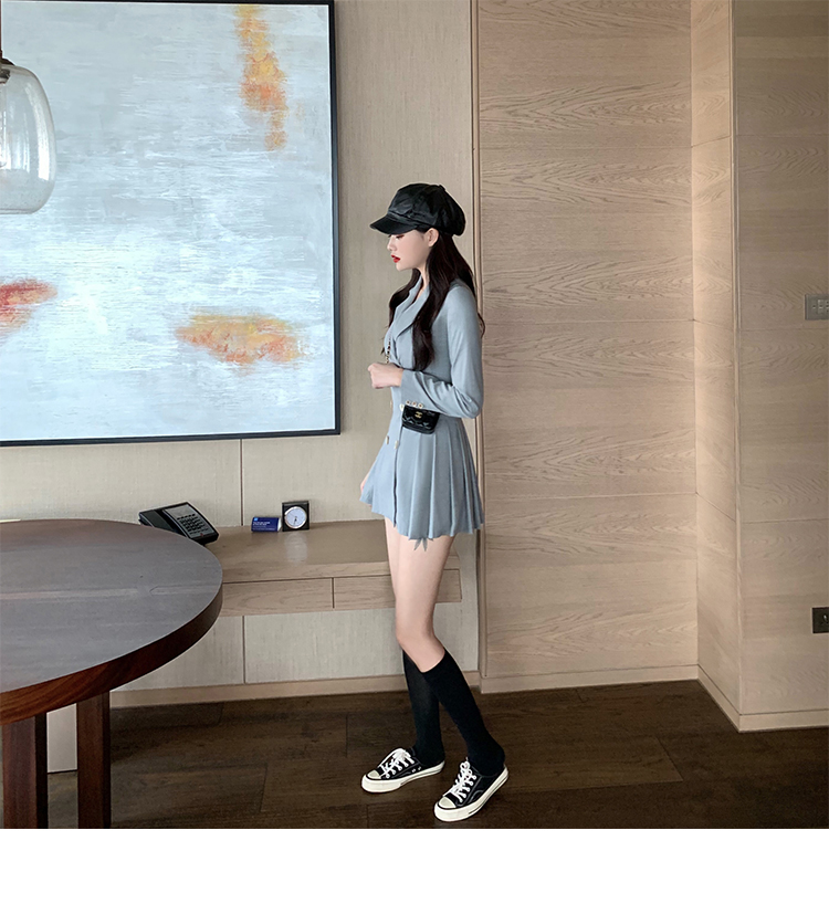 VK旗艦店 韓系小西裝百褶收腰顯瘦雙排釦長袖洋裝