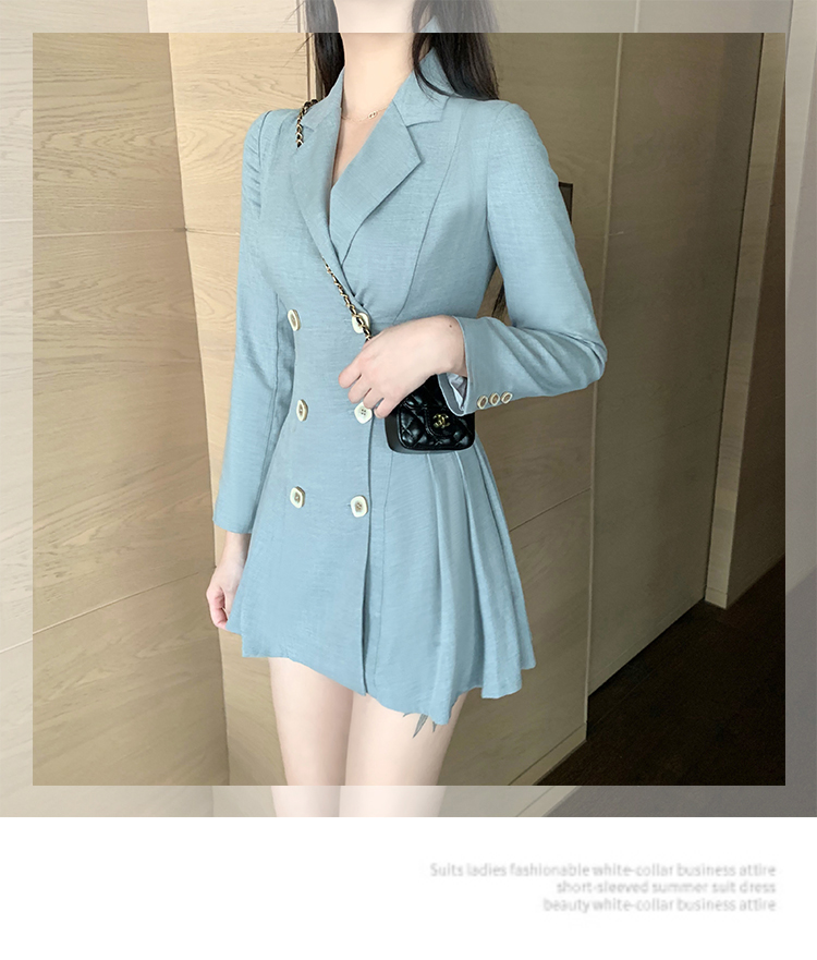 VK旗艦店 韓系小西裝百褶收腰顯瘦雙排釦長袖洋裝