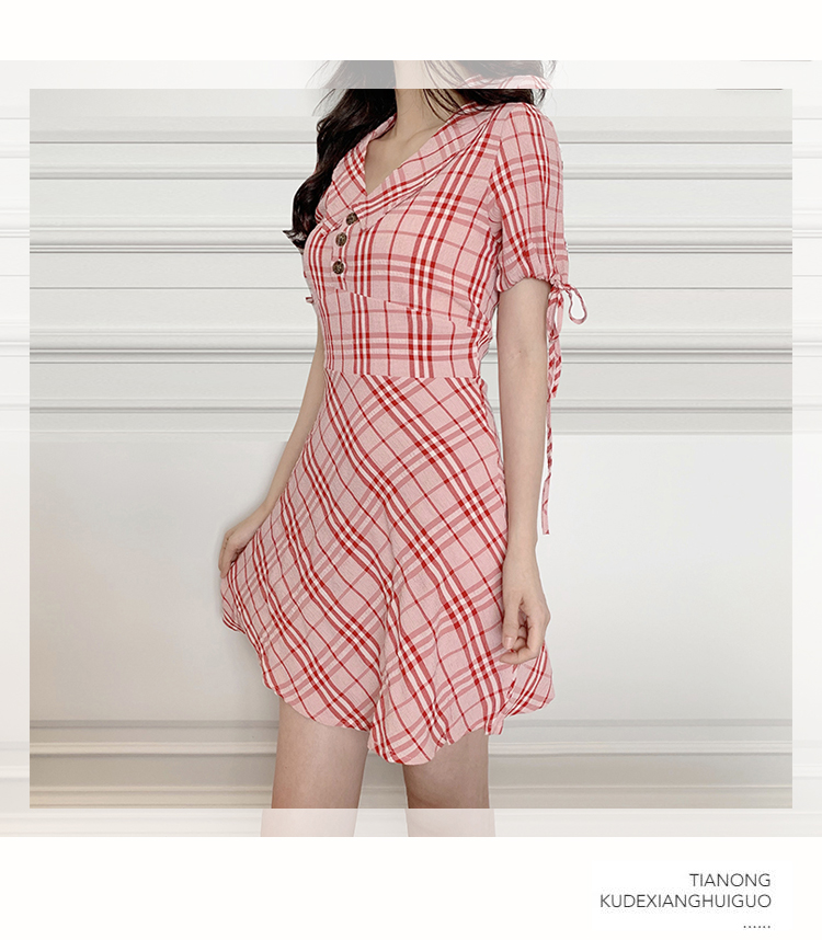 VK旗艦店 韓系娃娃領高腰袖子扎帶顯瘦格紋短袖洋裝