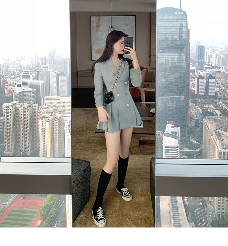 VK旗艦店 韓系小西裝百褶收腰顯瘦雙排釦長袖洋裝