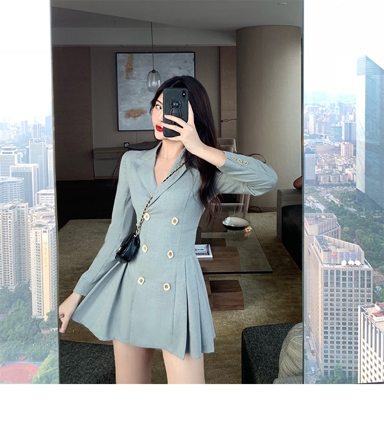 VK旗艦店 韓系小西裝百褶收腰顯瘦雙排釦長袖洋裝