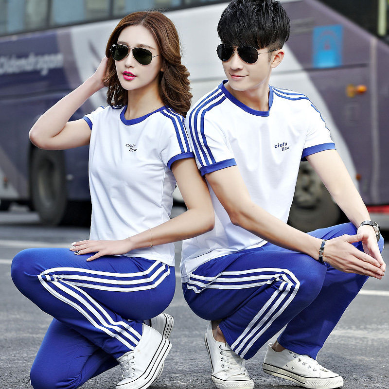 Couple sports suit Summer short sleeves Long pants men's round collar nameplate woman big size three carry casual sportswear
