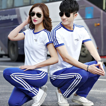 Couple sports suit Summer short sleeve long pants male round collar nameplate woman big code three carry casual sportswear