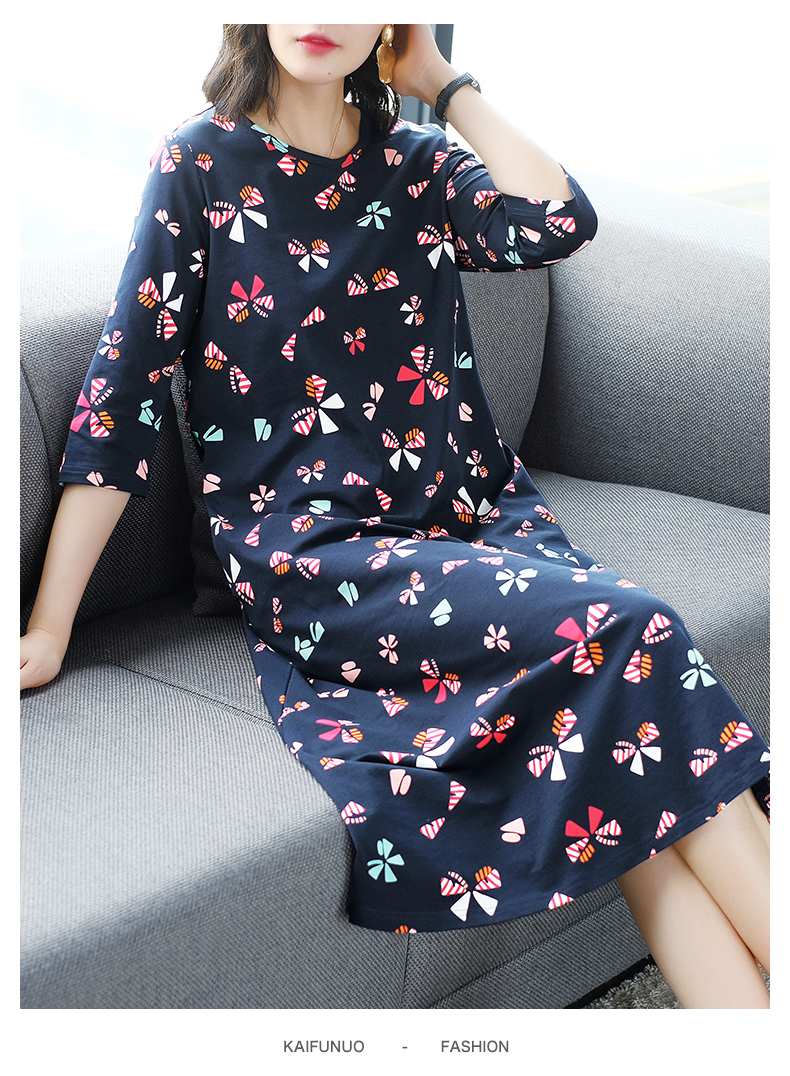 Váy xuân hè 2019 nữ mới size rộng đầu gối dài váy cotton giản dị đầu thu tay áo hoa - Váy dài đầm 2 dây suông dài
