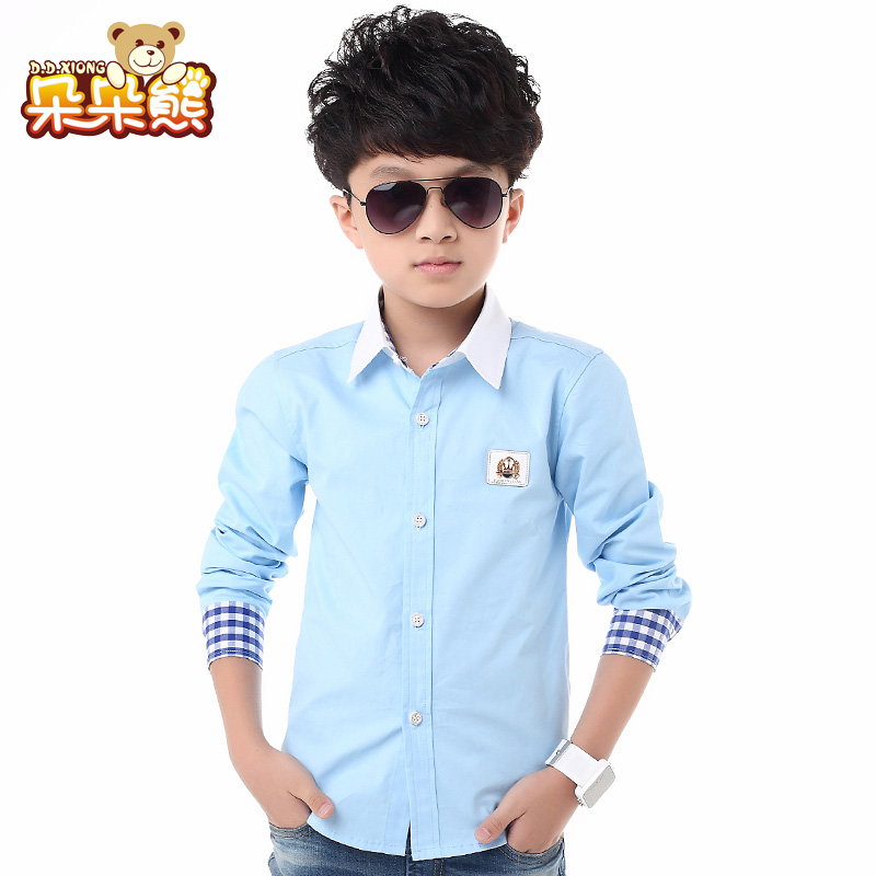 Làm gấu boy áo sơ mi dài tay lớn cậu bé ve áo áo cardigan mới nam cotton mùa thu váy trẻ em.