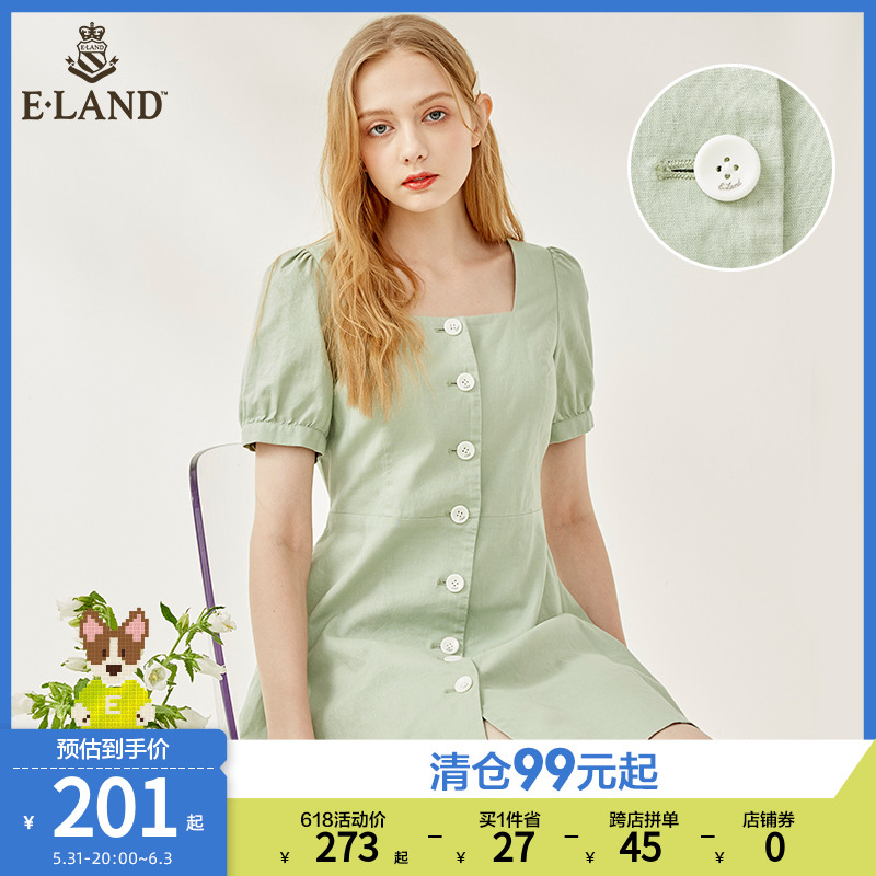 ELAND clothes lovers summer fashion French style square collar sweet and small crowdsourced long version cotton linen short sleeve foreign dress