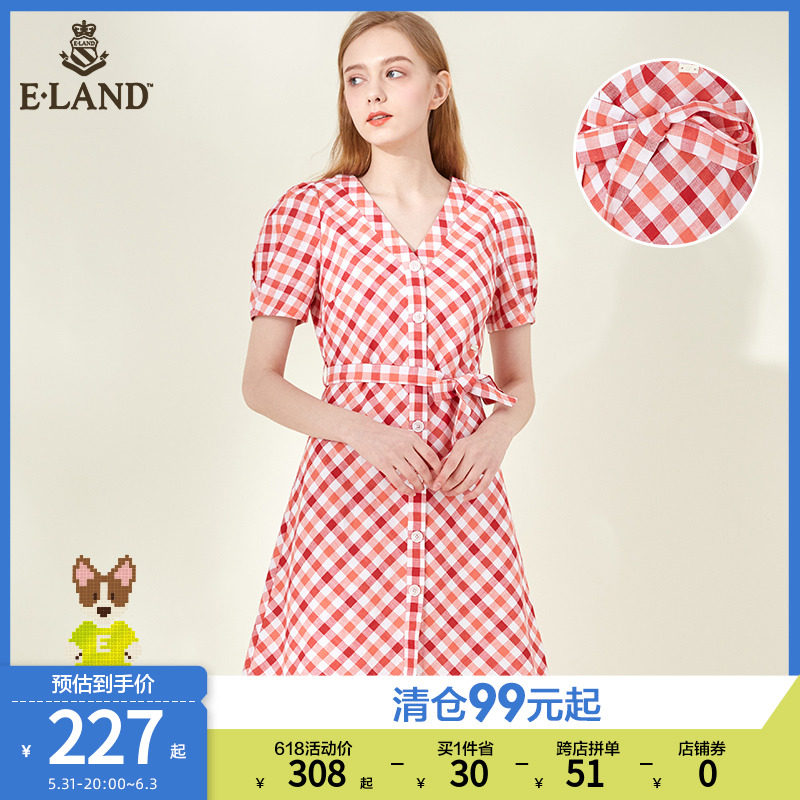 ELAND clothes lovers spring summer fashion sweet and temperamental style grid short sleeve V collar cashew slim fit lady
