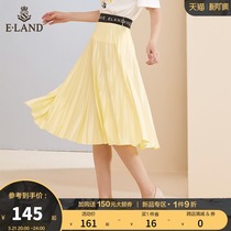 ELAND clothing romance spring sweet letters small crowdembroidery tightness waist 100 pleats slim fit half body dress lady