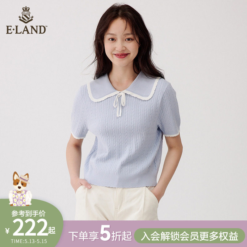 ELAND springtime new foreign gentleness and cute dolls collar lace-knitted sweater women