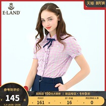 ELAND Clothes Romance Spring Summer Fashion Design Sensation Little Crowddoll Sweetness Plaid Bubble Cuff Short Sleeve Shirt Woman