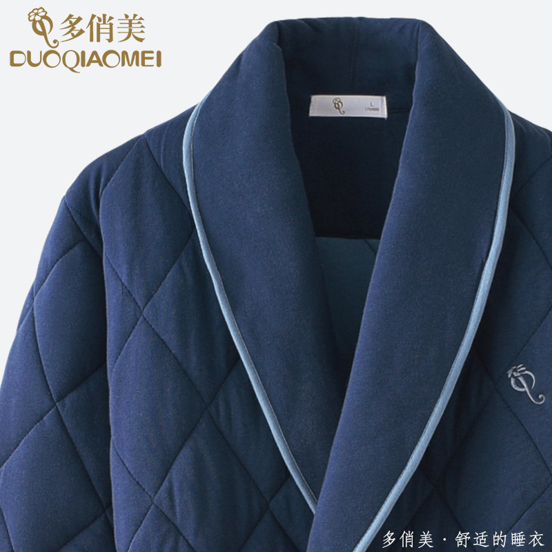 Men's pyjamas fall winter style pure cotton clip cotton thickened warm three-layer mid-length winter sleeping robe morning gown bathrobe full cotton-Taobao