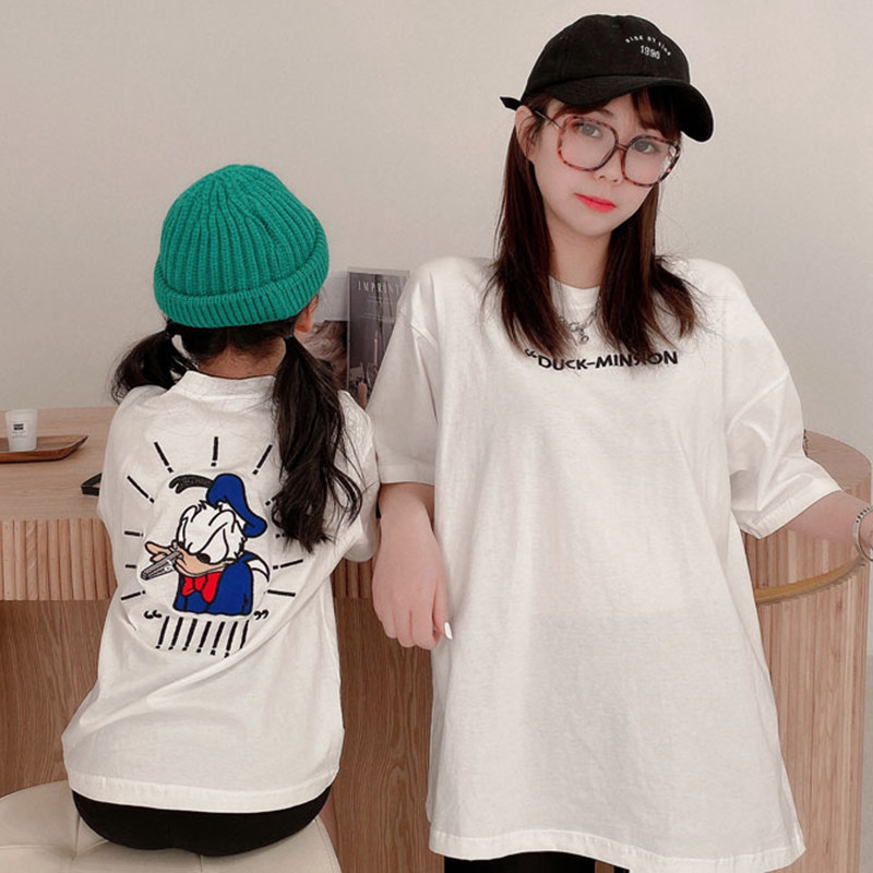 Foreign Pie Parenting Mother Daughter Dress 2021 Ha Tide Children's Net Red Cartoon Embroidery Don Old Duck Loose T-Shirt Jacket Man